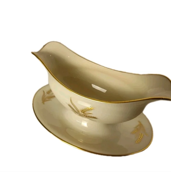 Lenox Harvest Wheat - 24k Gold Edged - Gravy Boat w/ Attached Underplate - EX!
